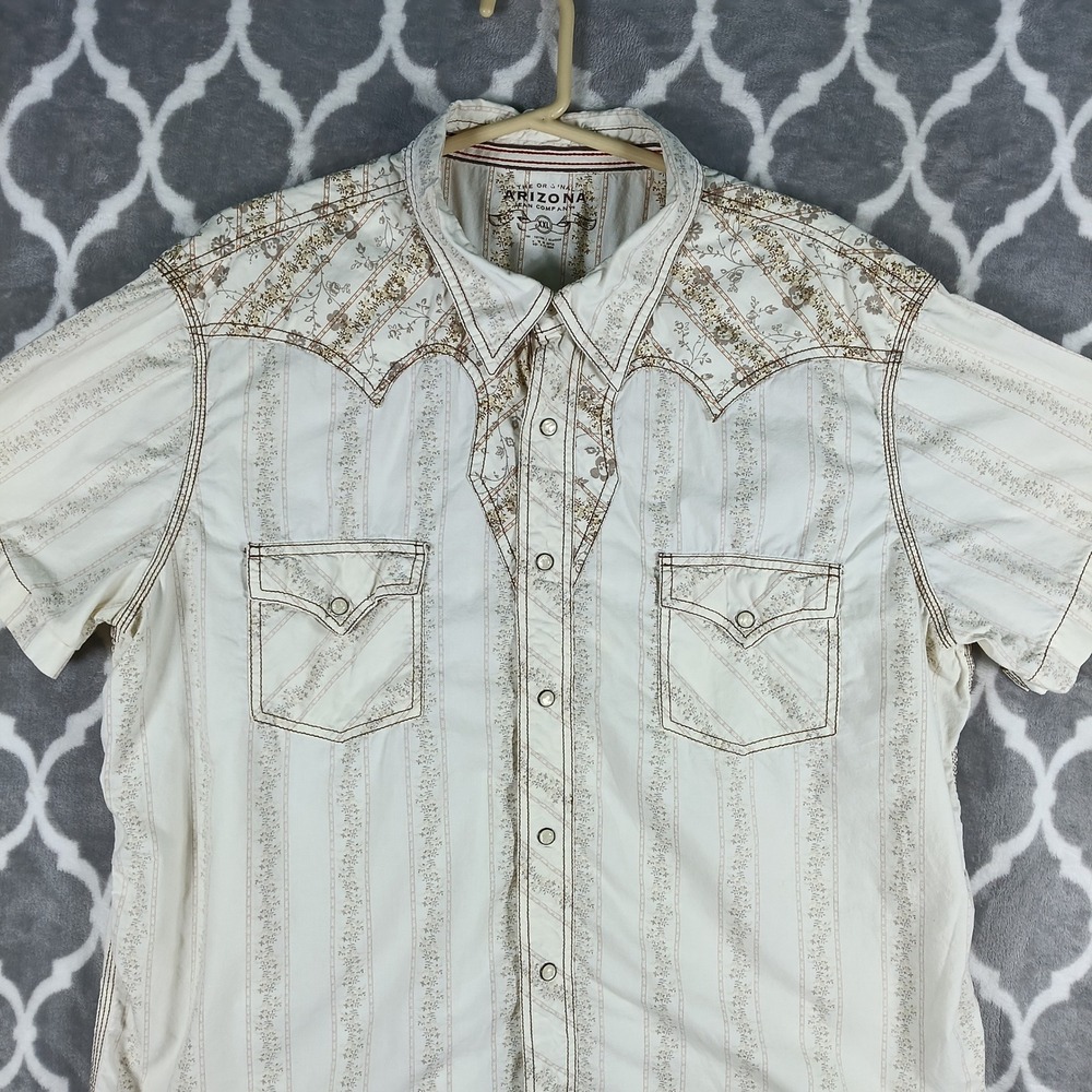 Arizona Jean Company Western Shirt Men XXL Beige Brown Pearl Snap Skull Calico